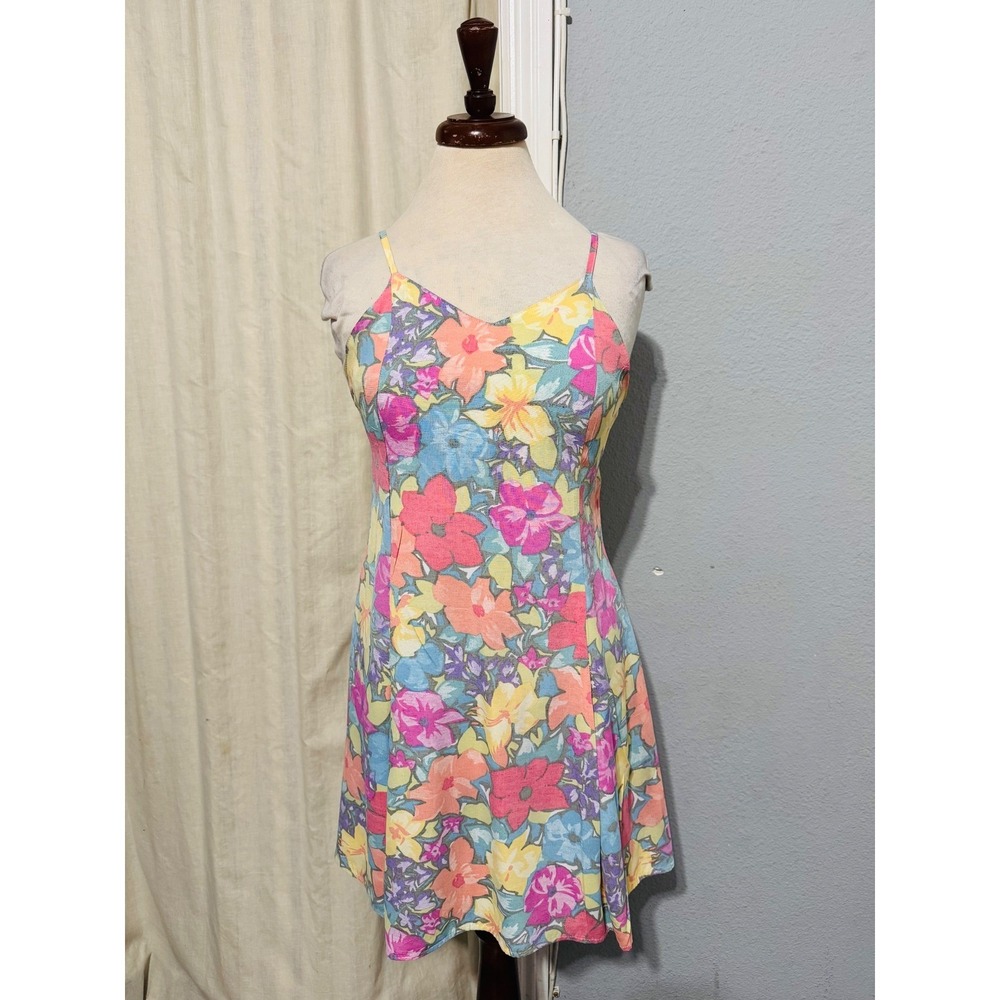 Vintage Floral Sundress Spaghetti Strap Mini Y2K Babydoll Dress Women M USA Made